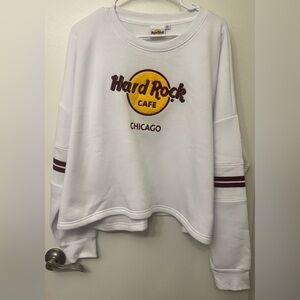 NWT Hard Rock Cafe Chicago Women's Fleece Chenille Chain Stitch Crop Crew